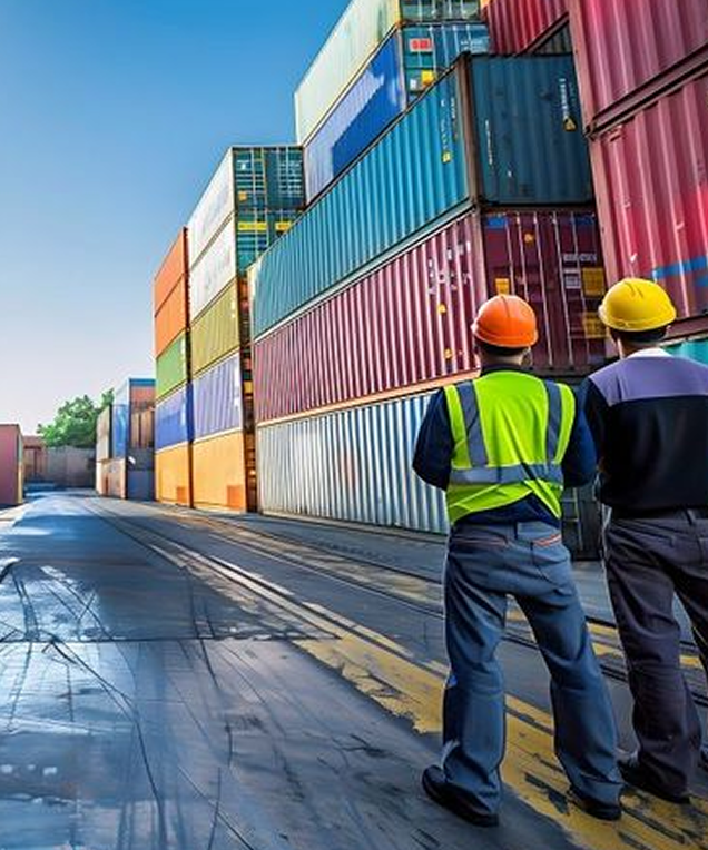 Team at shipping containers